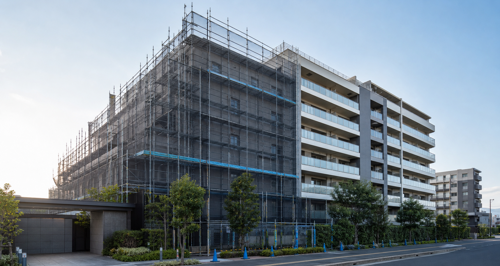 足場を設置して外壁修繕を進める中層マンションのイメージ